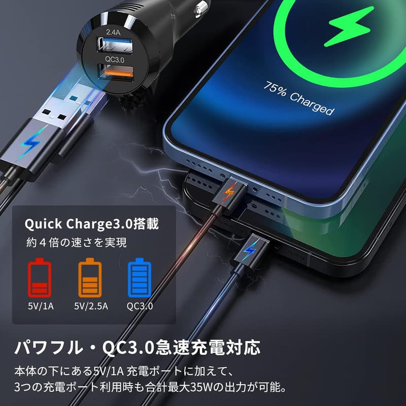 Bluetooth5.0対応 車載トランスミッター QC3.0急速充電 2USBポート ハンズフリー通話 12V-24V車両対応