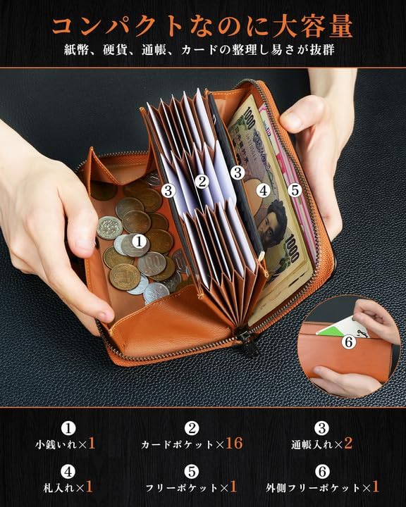 ビジネス用メンズ長財布 栃木レザー製 大容量ボックス型小銭入れ YKKファスナー 通帳ポケット付き