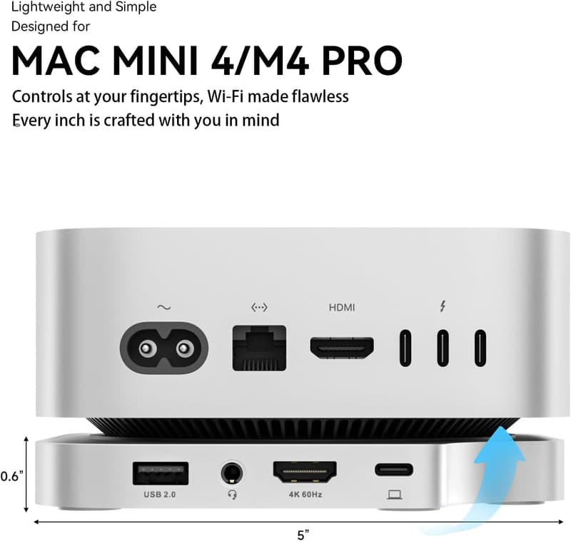 M4 Mac Mini ハブ & スタンド 4TB SSD対応 エンクロージャー | 4K@60 HDMI, 純正 TF/SDカードリーダー, 3x USB-A 2.0, オーディオ対応 | シルバー
