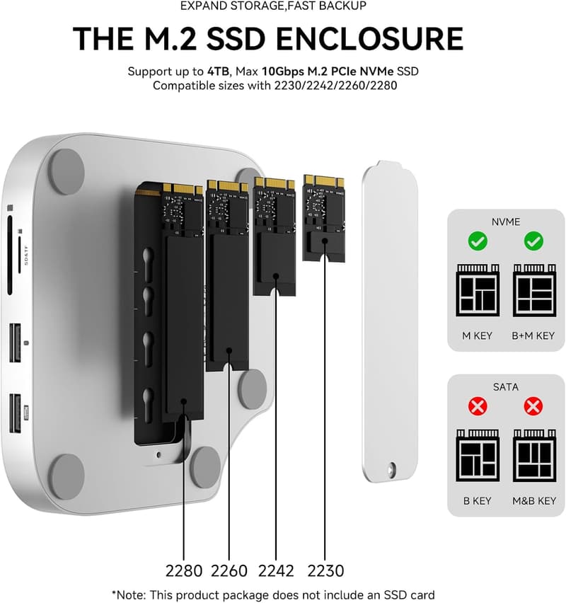 M4 Mac Mini ハブ & スタンド 4TB SSD対応 エンクロージャー | 4K@60 HDMI, 純正 TF/SDカードリーダー, 3x USB-A 2.0, オーディオ対応 | シルバー