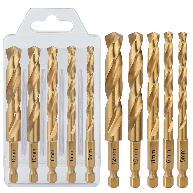 高速度鋼製 5本組 鉄工用ドリルビットセット 六角軸 5-12mm