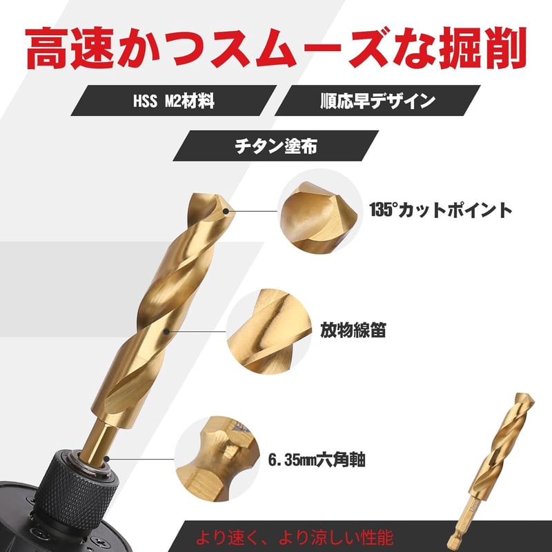 高速度鋼製 5本組 鉄工用ドリルビットセット 六角軸 5-12mm