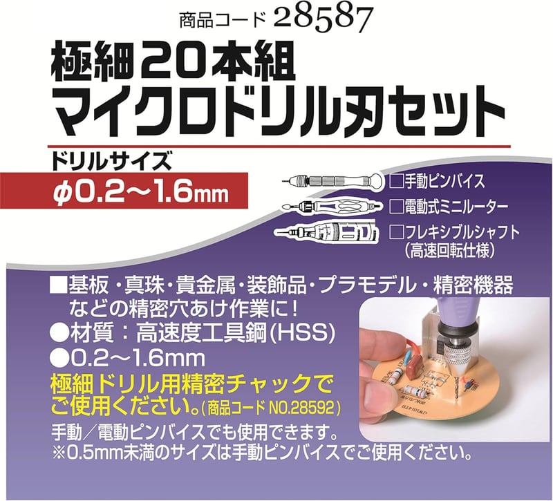 極細マイクロドリル刃セット 20本組 レリーフ 0.2~1.6mm