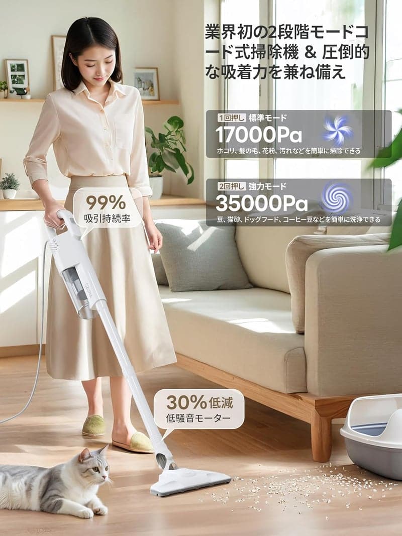 業界初の2段吸引力 スティック掃除機 最大35000Pa 軽量 2WAY 5Mコード付き ホワイト