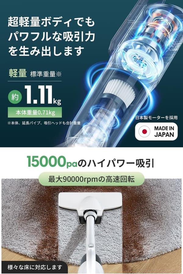 新モデル 超強力吸引 15Kpa コードレス掃除機 スティッククリーナー 日本製 HEPAフィルター 6000mAhバッテリー付き
