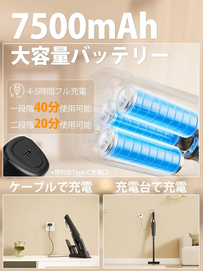 コードレスハンディ掃除機 15000Pa超強力吸引 自走式 多重濾過 HEPAフィルター Type-C充電スタンド付き