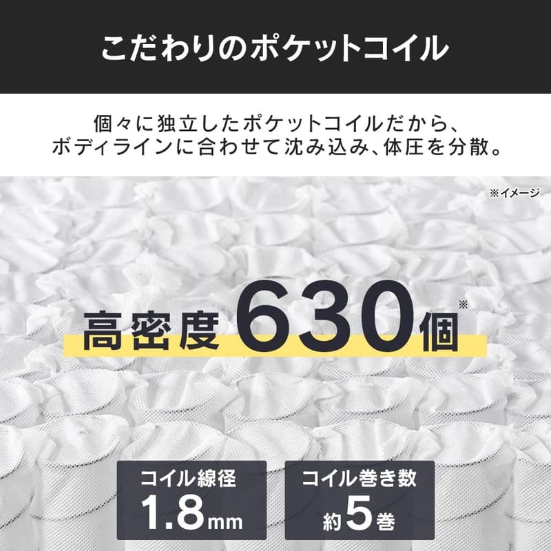 ダブルサイズ 14cm薄型ポケットコイルマットレス 高密度コイル630個 3Dメッシュ生地 ムレ防止
