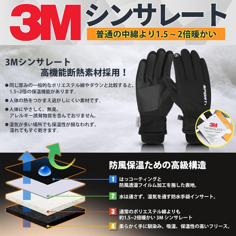 防寒アウトドアグローブ 3Mシンサレート・タッチパネル対応 男女兼用