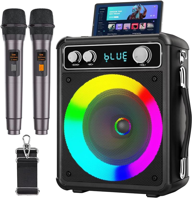 家庭用ワイヤレスマイク2本付きカラオケセット（Bluetooth 5.0、ポータブルスピーカー、AUX/USB/TF対応）