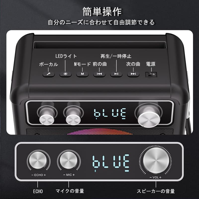 家庭用ワイヤレスマイク2本付きカラオケセット（Bluetooth 5.0、ポータブルスピーカー、AUX/USB/TF対応）