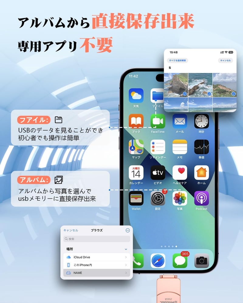 256GB Type-C USBメモリ - スマホから直接写真バックアップ可能、アプリ不要