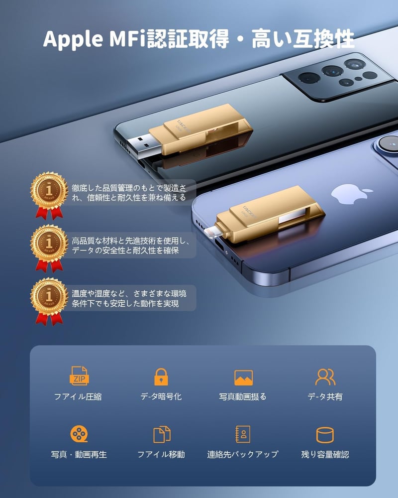iPhone/iPad対応 128GB USBメモリー 高速USB 3.0 パスワード保護 ゴールド