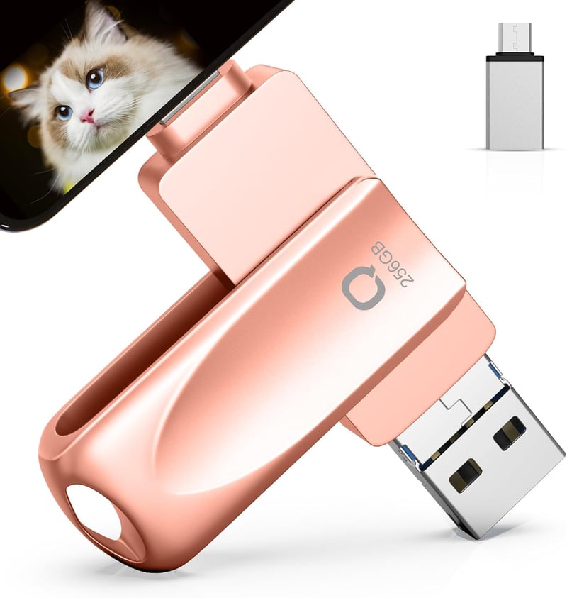 アプリ不要の256GB USBメモリ 4in1 iPhone/iPad/Android対応 回転式 ピンク