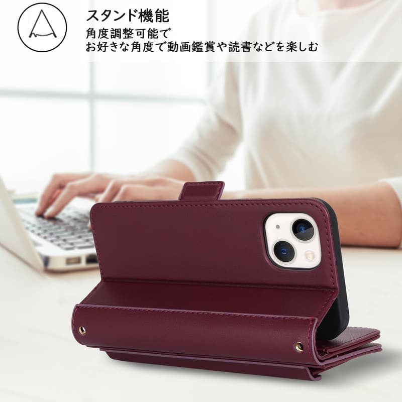iPhone 15 手帳型ショルダーケース 大容量カード収納 ワインレッド