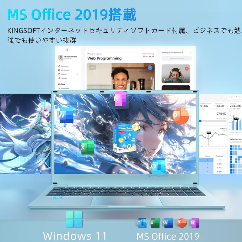 初心者・学生向け 15.6インチ FHD 薄型ノートパソコン Office付き Windows11 指紋認証・Webカメラ内蔵 SSD 512GB (ブルー)