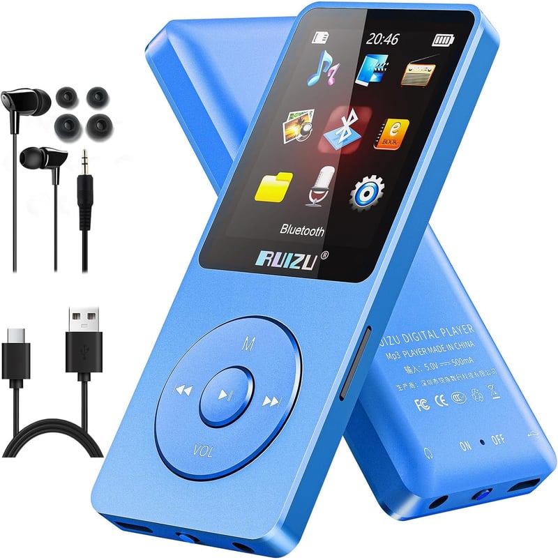 Bluetooth 5.3対応 64GBポータブルMP3プレーヤー 軽量・大容量・最大80時間再生 アラーム・FMラジオ・電子書籍機能付き イヤホン付き 青色