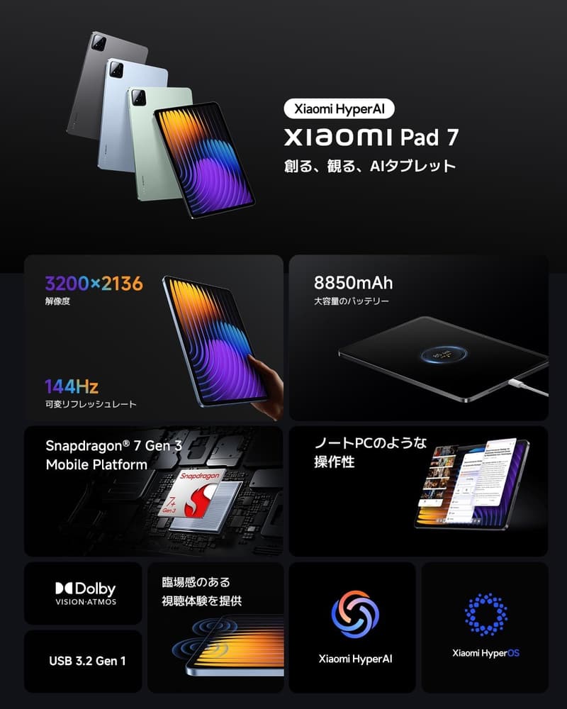 Xiaomi Pad 7 グレー 8GB/128GB 144Hz高精細ディスプレイ 8850mAhバッテリー