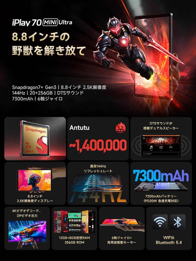 ALLDOCUBE iPlay 70 mini タブレット 8.8インチ Snapdragon 7+ Gen3 20GB+256GB Wi-Fi 6 デュアルスピーカー 7300mAh