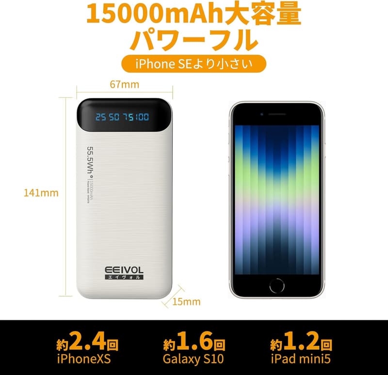 モバイルバッテリー 15000mAh 大容量 極薄 軽量 2台同時充電 コンパクト パワーバンク 防災 緊急用 PSE認証 iOS/Android対応