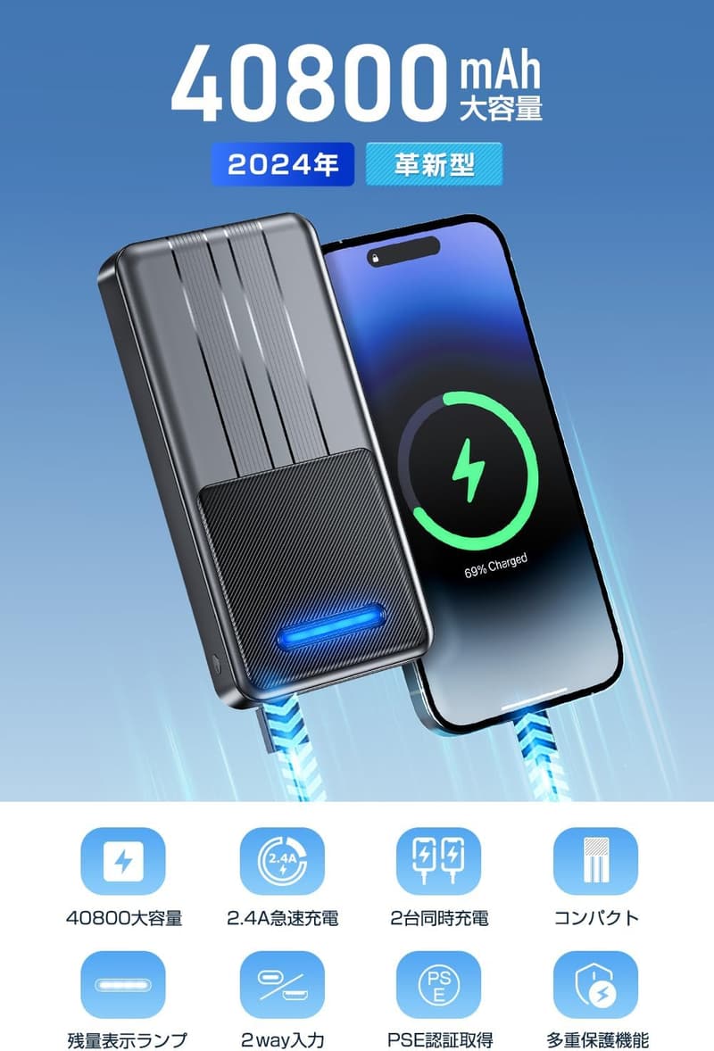 【2024年モデル】モバイルバッテリー 40800mAh 大容量 急速充電 USB-A出力ポート*2 Type-C対応 コンパクト 軽量 iPhone/Android/iPad対応