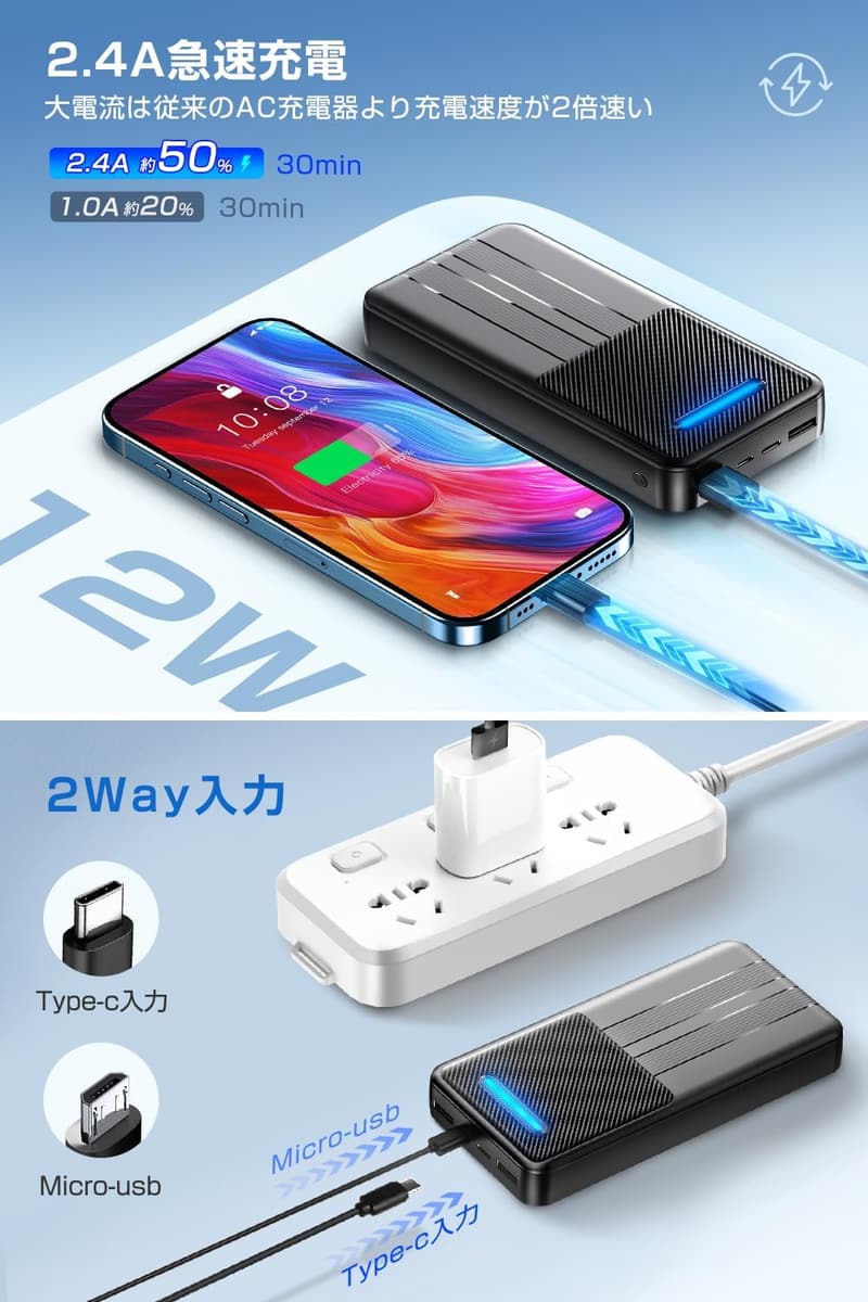 【2024年モデル】モバイルバッテリー 40800mAh 大容量 急速充電 USB-A出力ポート*2 Type-C対応 コンパクト 軽量 iPhone/Android/iPad対応