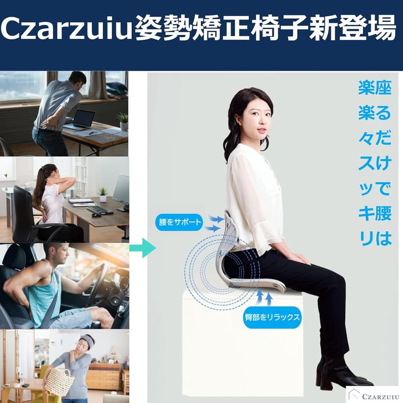 姿勢サポートチェア【骨盤・腰サポート】軽量・水洗い可能【猫背改善・人体工学】オフィス・テレワーク向け（ブルー）