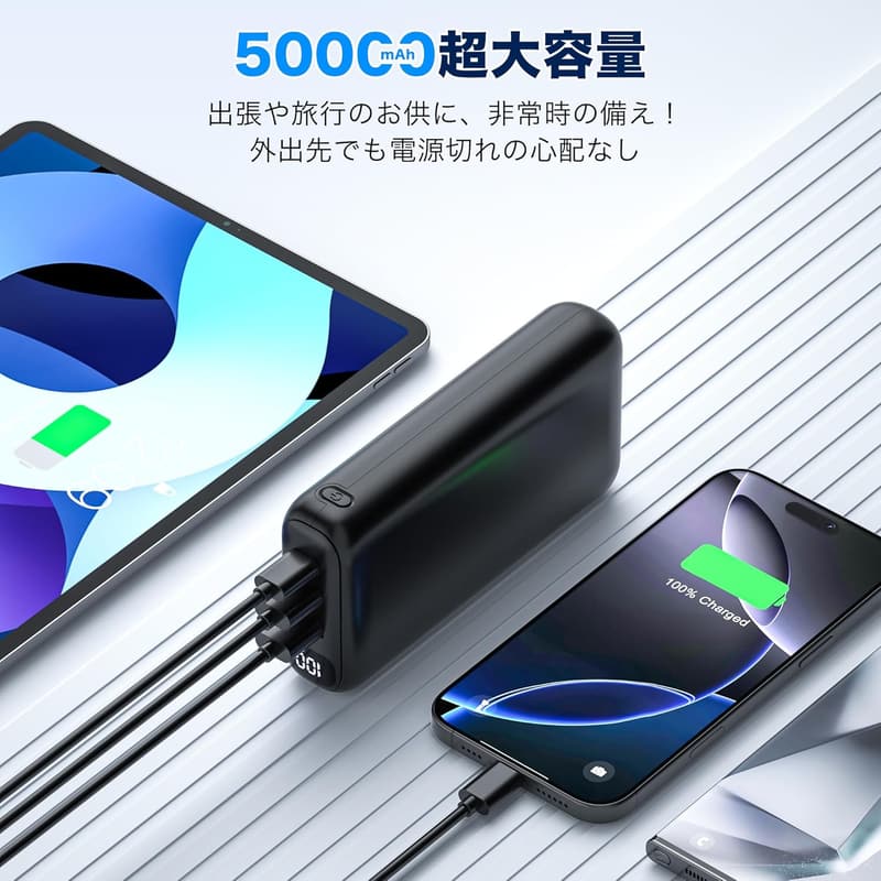 大容量50000mAhモバイルバッテリー|22.5W/PD急速充電・3台同時充電対応・PSE認証【防災・旅行用】