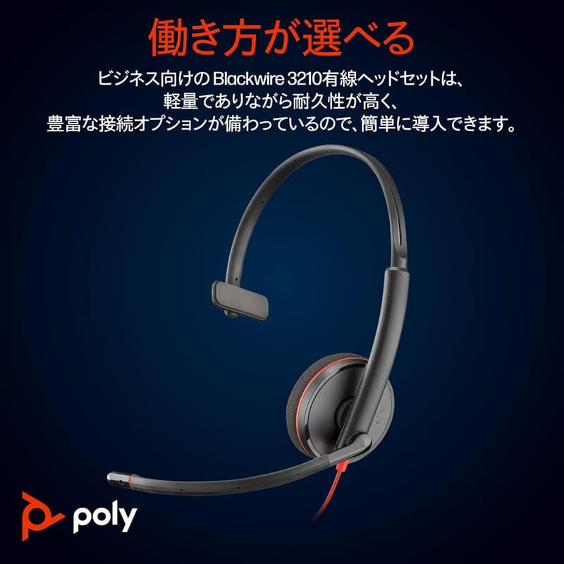 有線ノイズキャンセリングヘッドセット Poly Blackwire 3210 USB-C & USB-A対応 軽量 マイク付き【2年間保証】