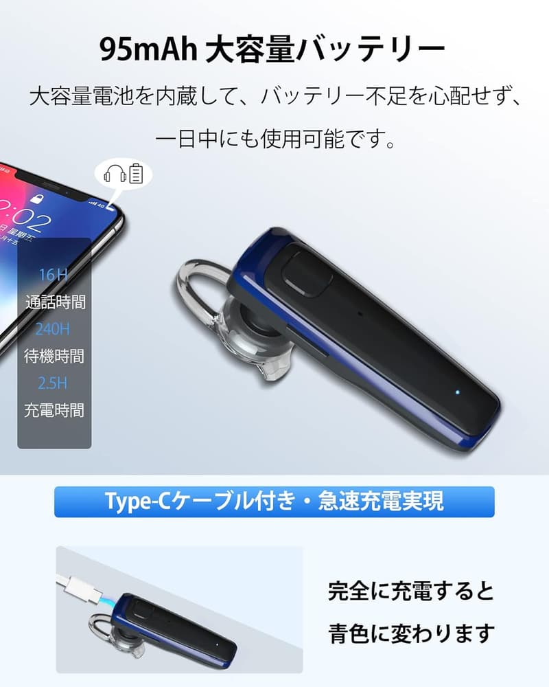 Bluetoothワイヤレスヘッドセット S525 片耳 HD通話 デュアルマイク ENCノイズ低減技術 日本語取説付き