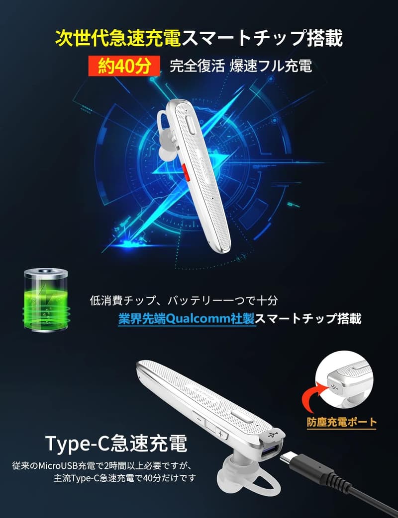 Bluetooth ワイヤレスヘッドセット Qualcommスマートチップ搭載 ハンズフリー通話対応【aptX・aptX HD・SBC・AAC・デュアルマイクENC】