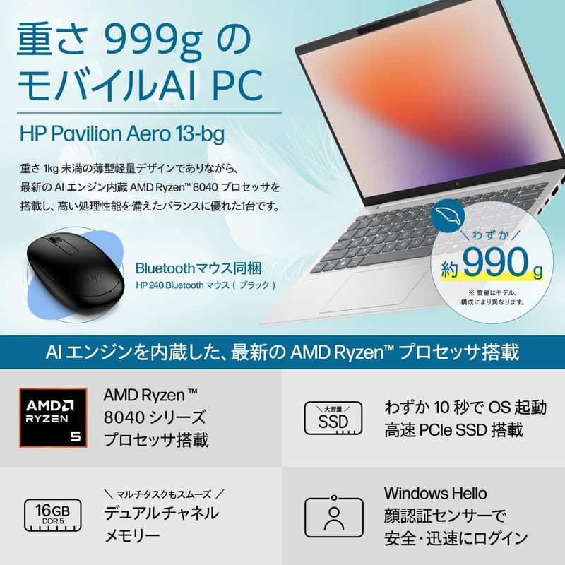 HP Pavilion Aero 13 軽量ノートパソコン Ryzen5 16GB 512GB SSD Windows 11