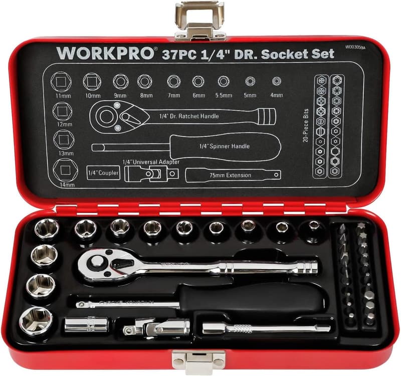 WORKPRO ソケットレンチセット 37点 ガレージ用鉄製ケース付【クイックリリース】