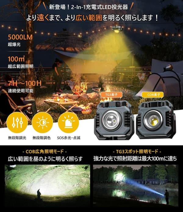 充電式LED投光器 三脚・収納袋付き 5000lm 無段階調光・調色 IPX6防水 変幻自在ワークライト アウトドア・防災対応