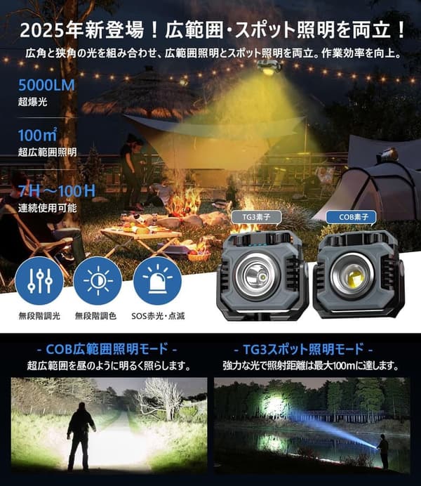 充電式LED投光器 5000ルーメン 最大100時間点灯 防水・無段階調光 三脚付き アウトドア・作業用