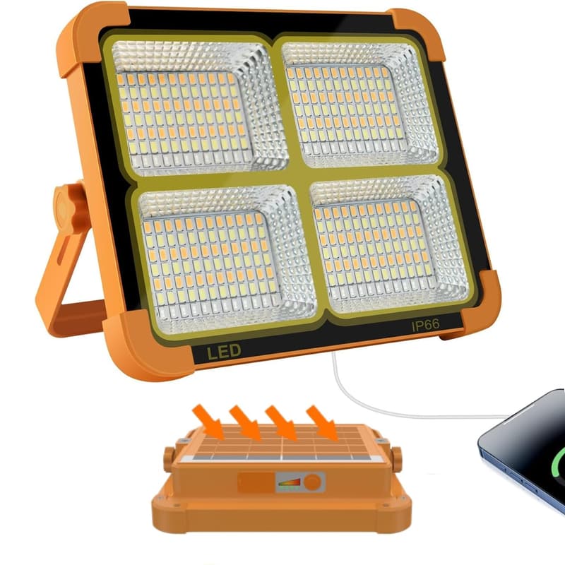 2024高輝度充電式LED投光器 15000LM 防水型キャンプライト IP66 ソーラー＆Type-C充電 5モード 便携式