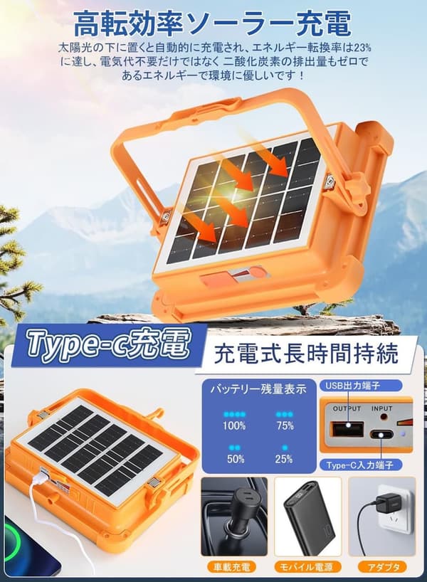 2024高輝度充電式LED投光器 15000LM 防水型キャンプライト IP66 ソーラー＆Type-C充電 5モード 便携式