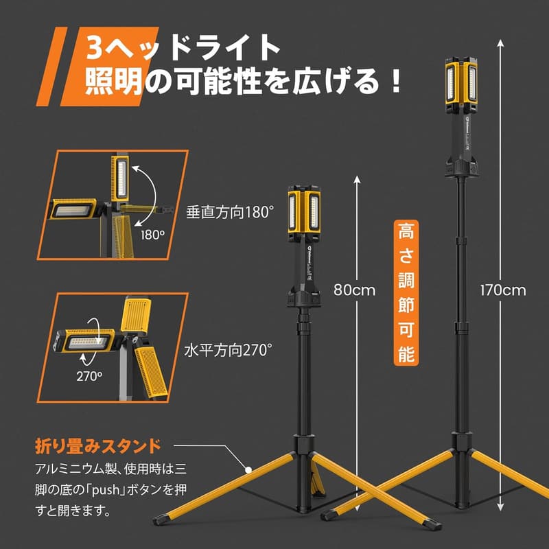 USB充電式 LED投光器 5000lm 高輝度 9時間連続点灯 スタンド式 野外作業灯 防災・緊急照明用