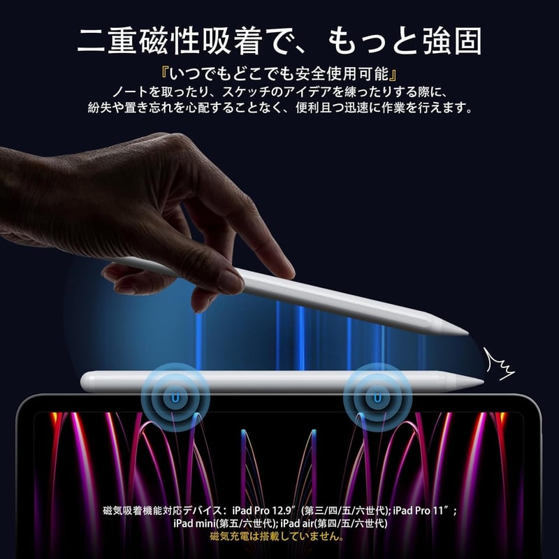 iPad対応 タッチペン 超高感度 極細スタイラスペン 軽量 傾き感知 磁気吸着 学生・子供向け