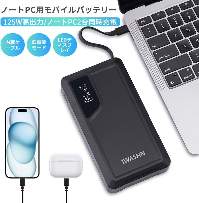 ノートパソコン対応125W高出力モバイルバッテリー 25000mAh/90Wh PD対応3ポート 60W急速充電 PSE認証済み