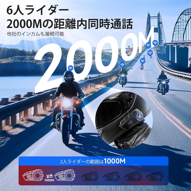 バイク用インカム Moman H2 PRO 1000m通信可能 防水音楽再生 日本語ガイダンス 2人同時通話