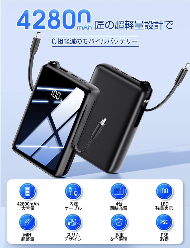 大容量モバイルバッテリー 42800mAh LCD残量表示 PSE認証・軽量・タイプC出力 旅行・出張・緊急用