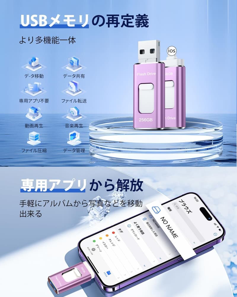 スマホ用USBメモリ256GB 高速USB3.0 タイプC 対応 アプリ不要 写真データ保存 パープル