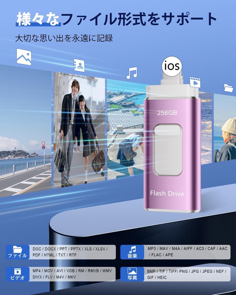 スマホ用USBメモリ256GB 高速USB3.0 タイプC 対応 アプリ不要 写真データ保存 パープル