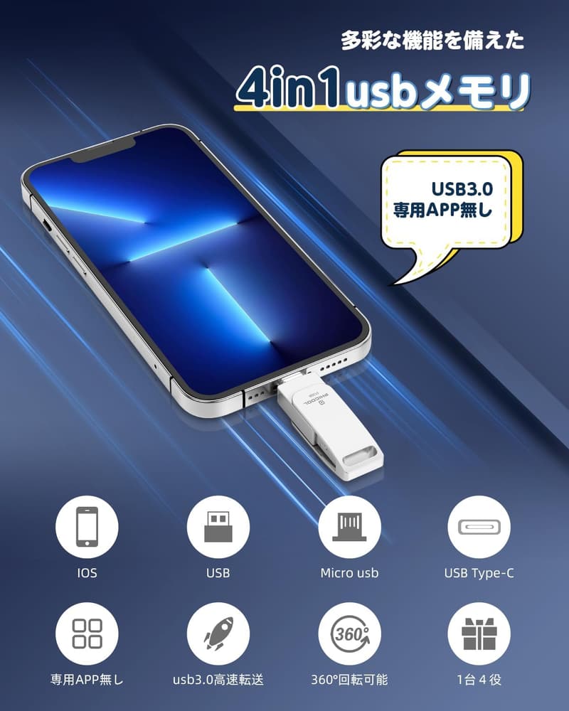 アプリ不要の512GB 4in1 USBメモリ - iOS/Type-C/Android対応、高速データバックアップ