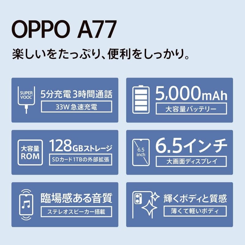 SIMフリー OPPO A77 ブルースマートフォン（docomo/au/SoftBank/Rakuten Mobile対応）