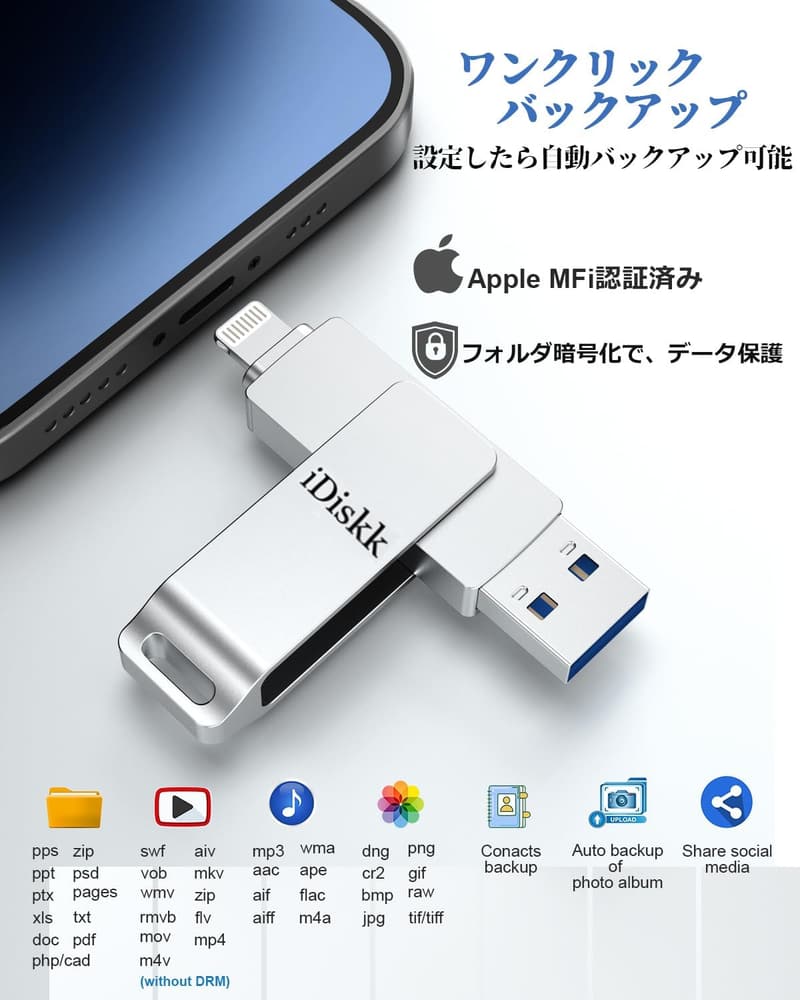 iPhone用 128GB USBメモリ 外付けストレージ Lightningコネクタ対応