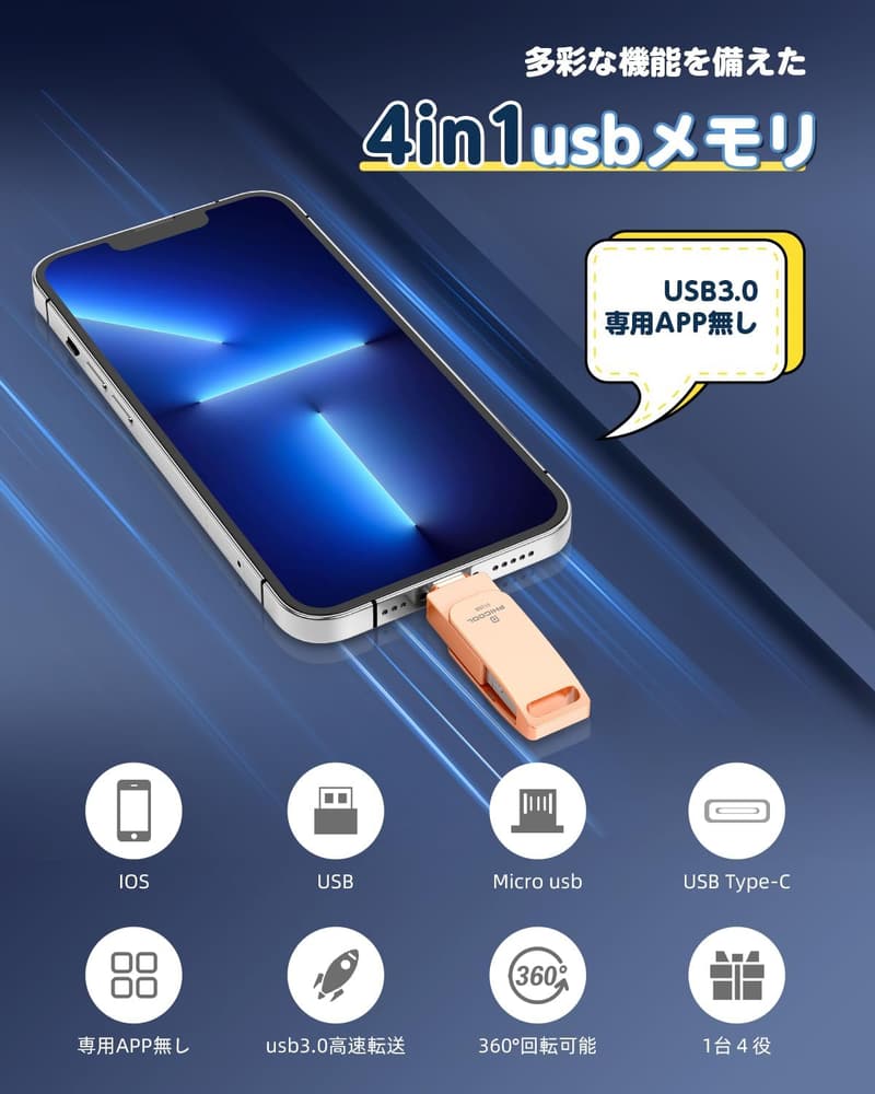 アプリ不要の512GB 4in1 USBメモリ - iOS/Type-C/USB/Micro USB対応 ピンク