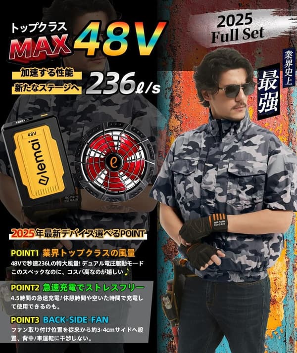 猛暑対策用 綿100%ファン付き作業服 遮熱-15℃ 48Vバッテリーセット