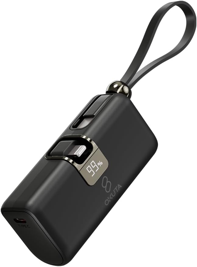 モバイルバッテリー 5000mAh 残量表示 内蔵ケーブル 軽量 急速充電 ブラック