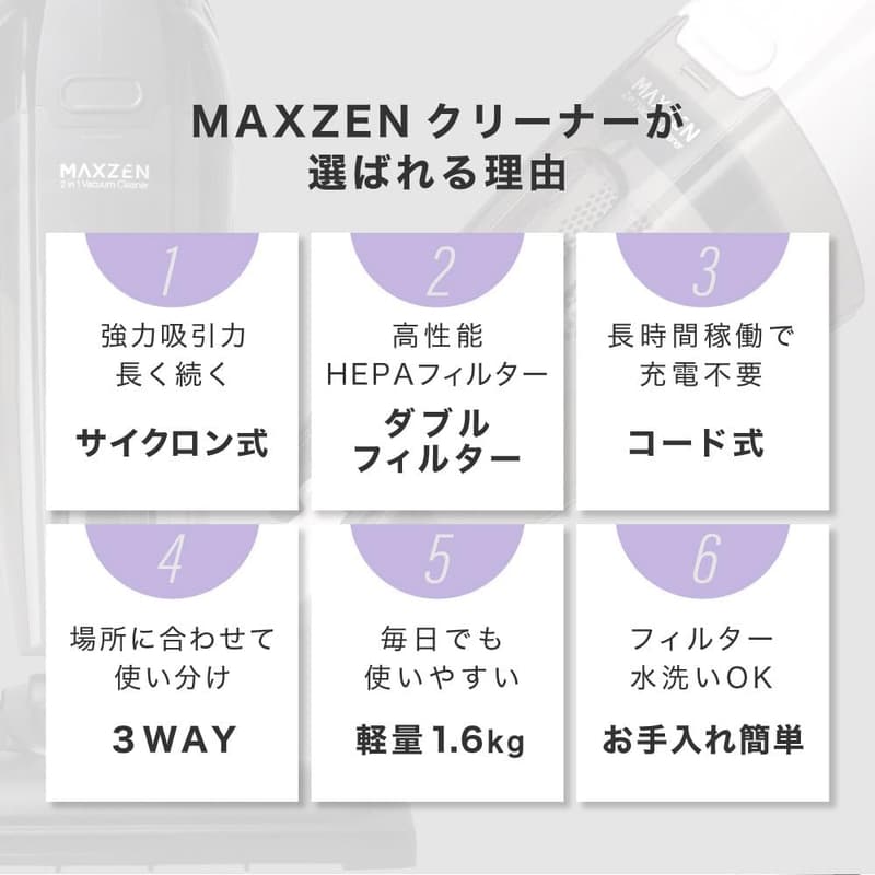 MAXZEN スティッククリーナー 自立式 コード式 水洗いOK 軽量 10000Pa 吸引力 ホワイト JC10SM01-WH
